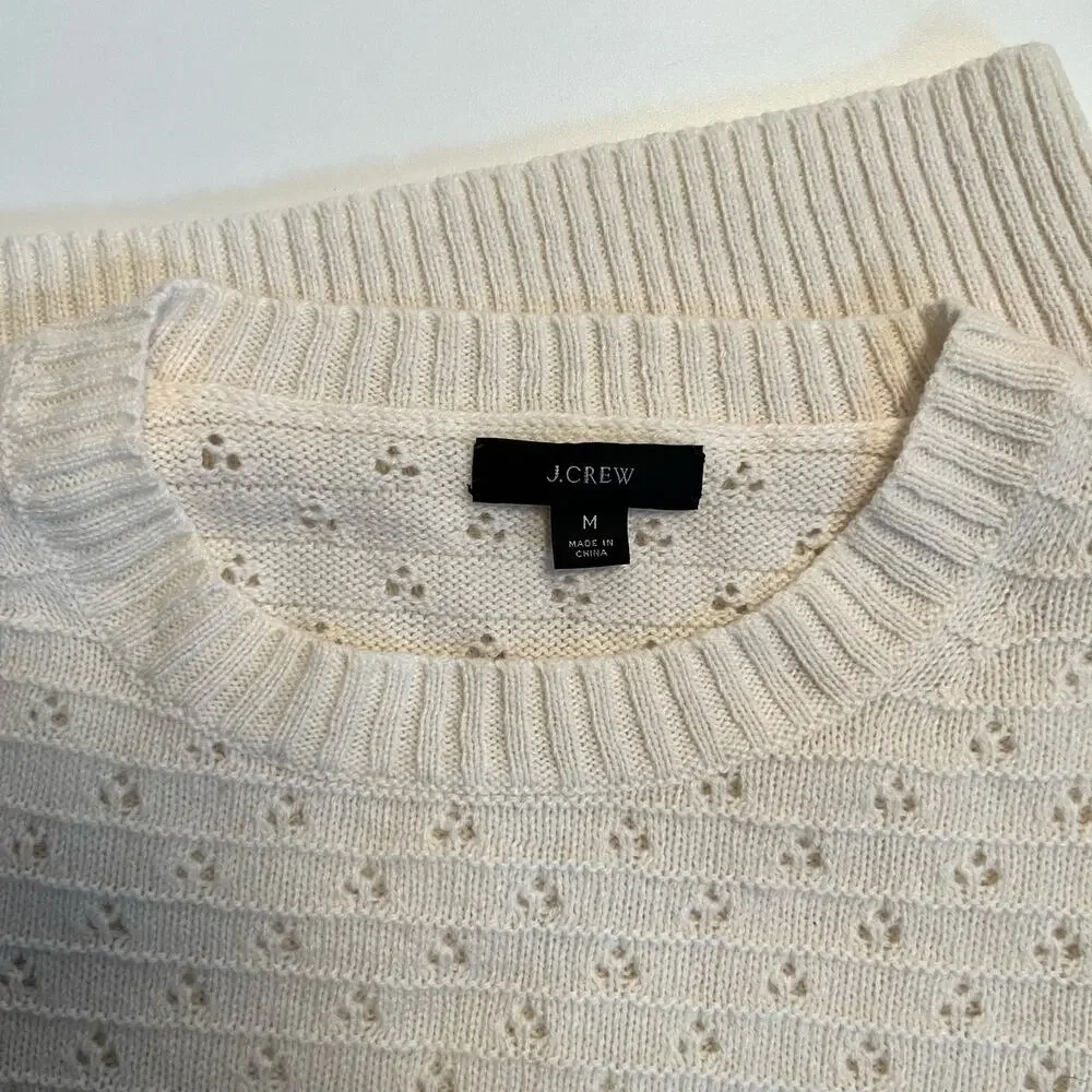 J. Crew Sweater Medium Open Knit Eyelet Cream Ivory Crewneck Alpaca Wool